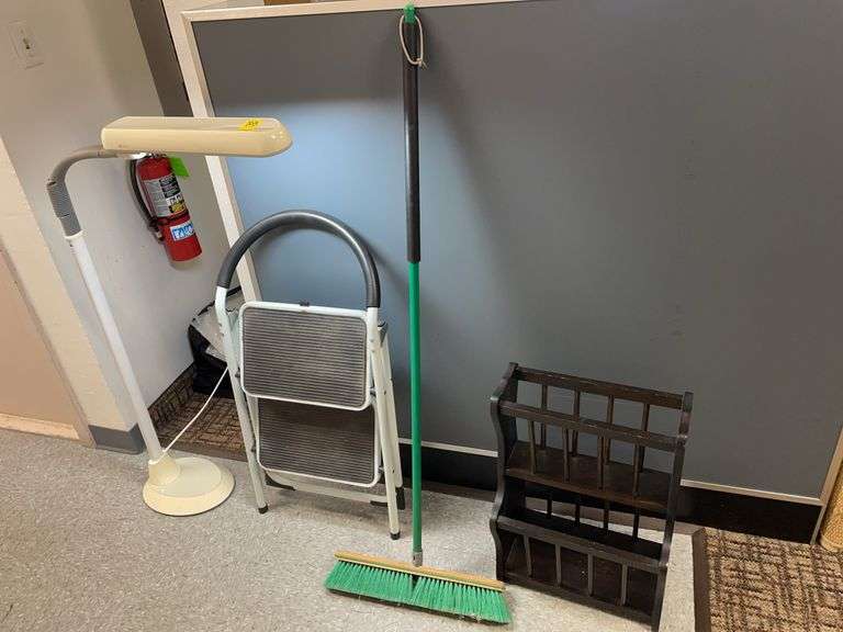 OffLite standing gooseneck lamp with stepstool shop broom, and magazine rack