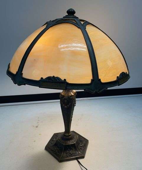 Victoria style glass lamp. Approximately 24 inches tall. Shade is 17 inches in diameter with well-made base.