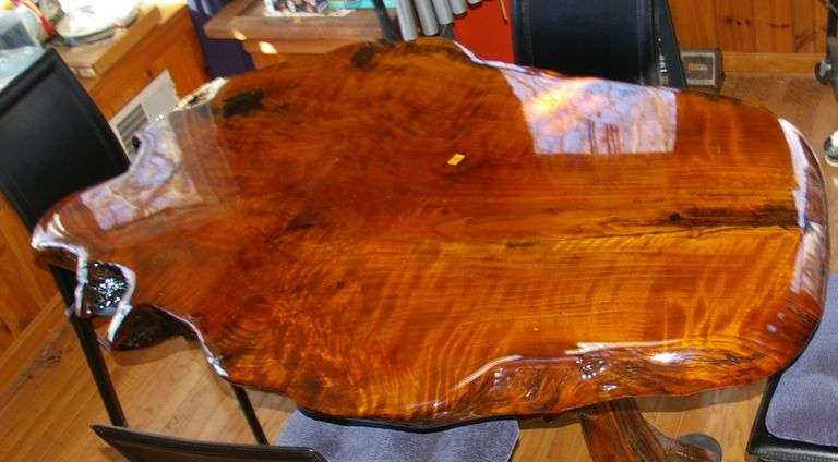 69" by 44" Handcrafted solid wood slab table, polyurethane finish by artistan T. Boquist & 4 chairs