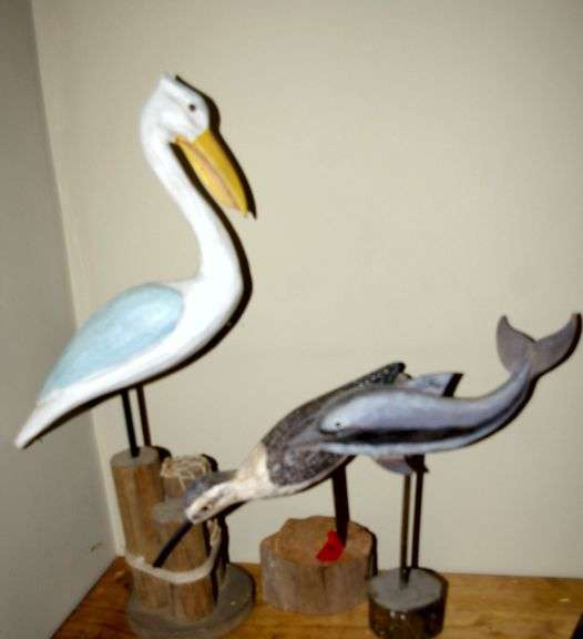 2 Carved Shore Birds & Pelican