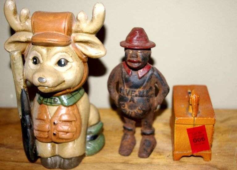 Ceramic Animal, Cast Iron Man & Bank