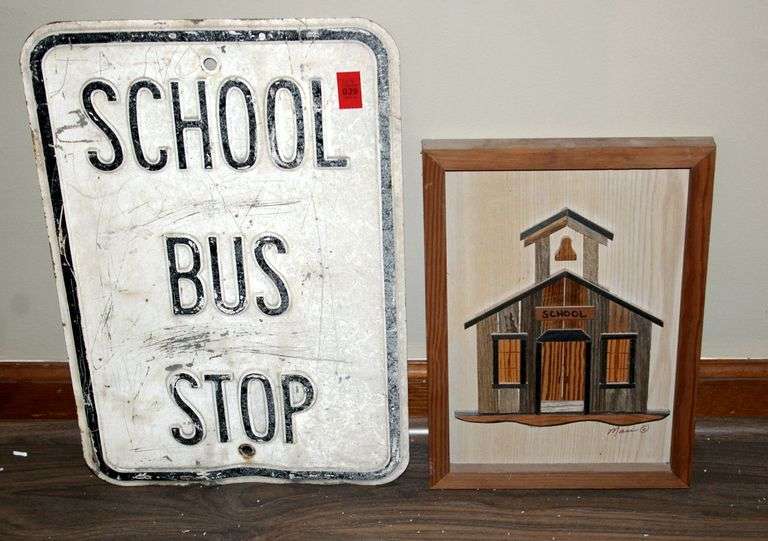 Vintage School Bus Stop Sign & School House Wood Carving