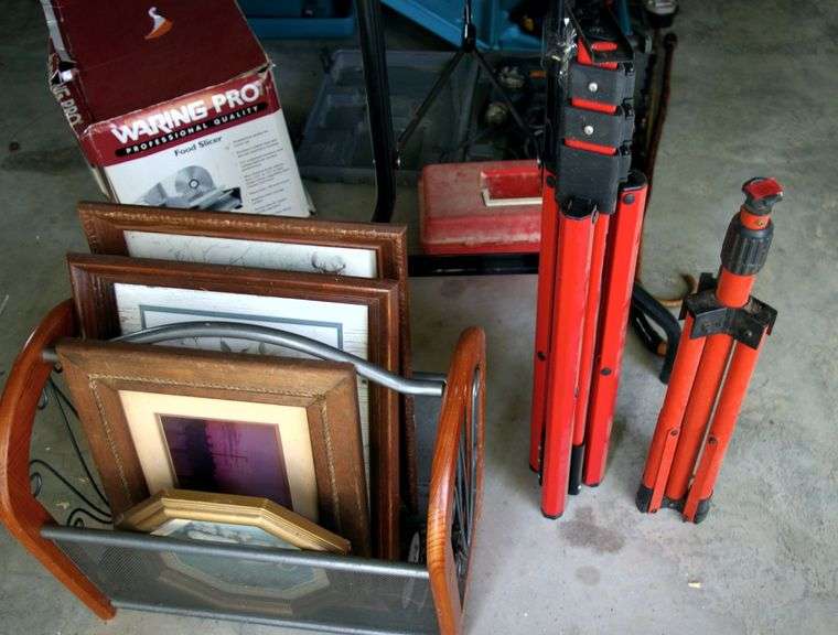 2 Tripods, Magazine Rack & Framed Prints