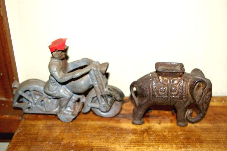 Antique Cast Iron Motorcycle Cop & Cast Iron Bank