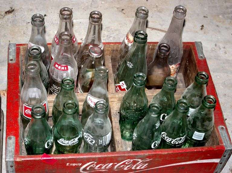 Wooden Coke Crate & Assorted Bottles