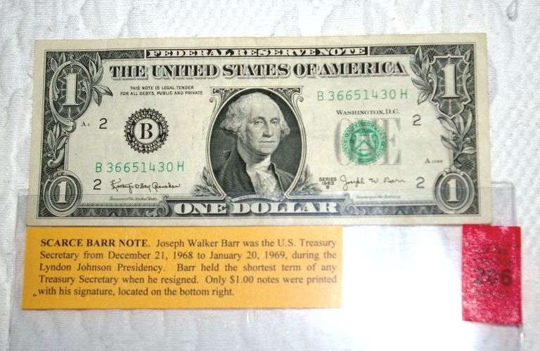 J.W. Barr, Treasurer, Rare $1.00 U.S. Note
