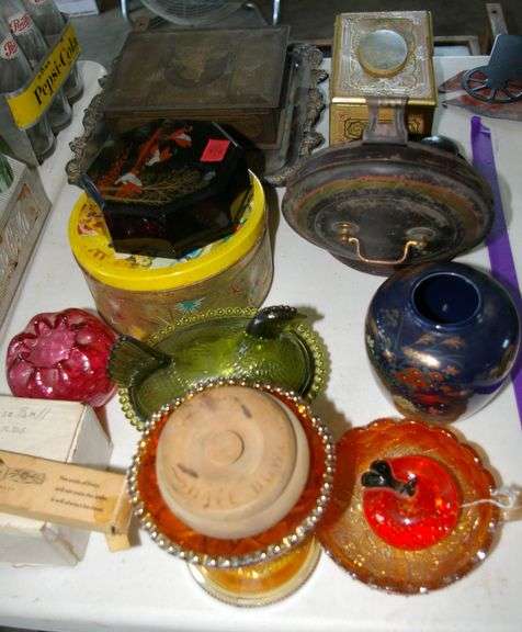 Assorted Glassware, Covered Boxes & Baseball Cards