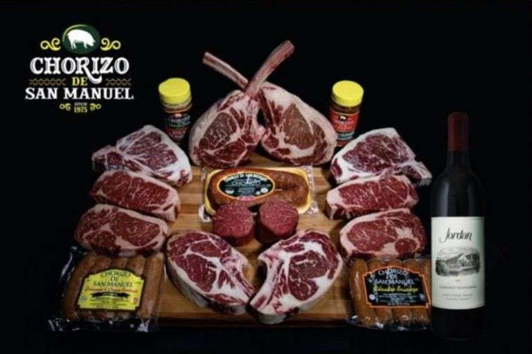 12 Boxes of Chorizo de San Manuel Steaks and with a Bottle of Wine Shipped to you Monthly Steaks