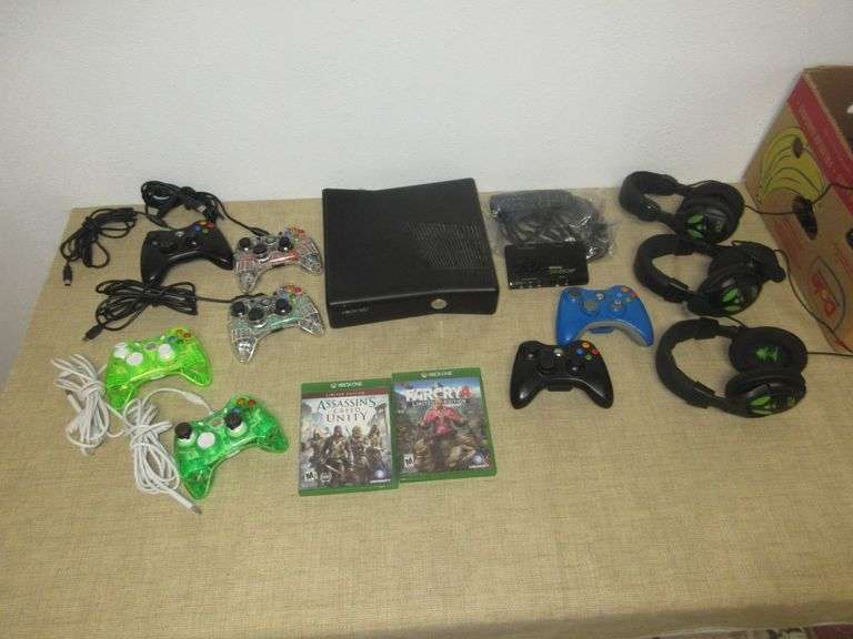 XBox 360 Game Console, Roxio Game Cap, 3) Ear Force X12 Gamers Headphones, 7) Controllers, 2) XBox One Games