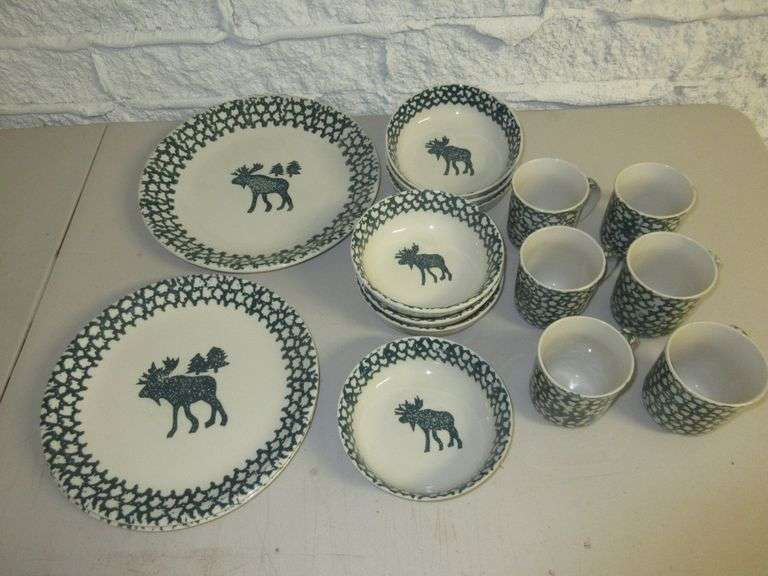 Folk Craft Moose Country Dishware, 2) Plates, 1) Serving Plate, 7) Bowls, 6) Cups