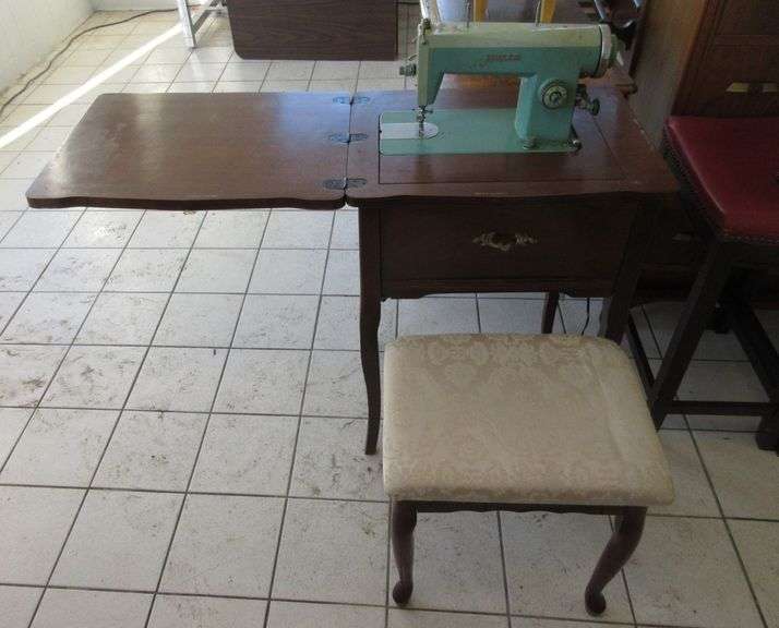White Sewing Machine with Bench