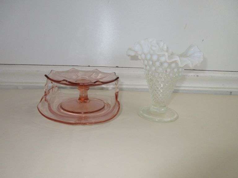Pink Depression Candy Dish, White Hobnail Vase