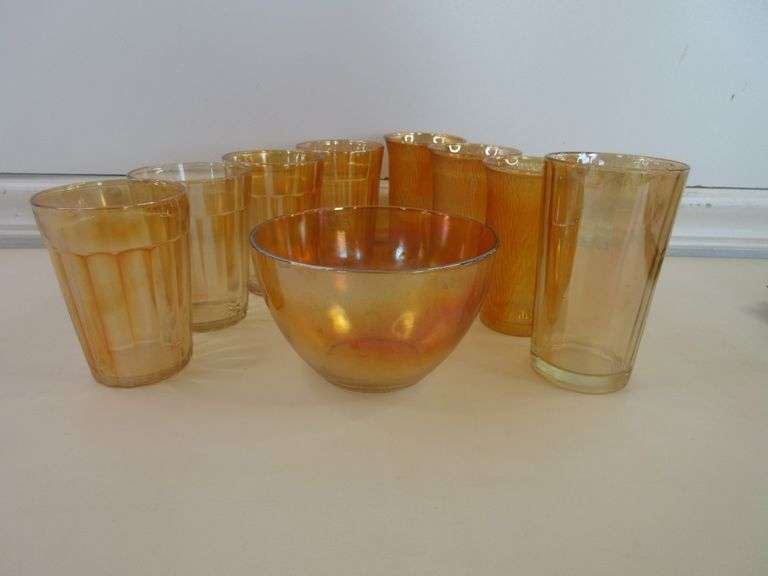 Carnival Glass Glasses and Bowl