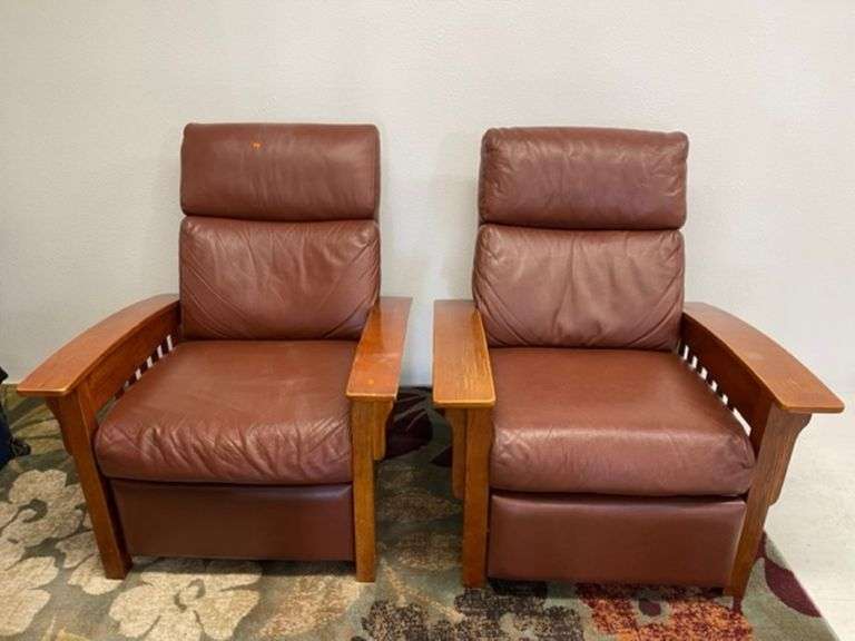 2) Reclining Leather and Wood Arm Chairs
