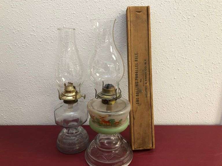 2) Oil Lamps, One Rolling Parallel Rule Box
