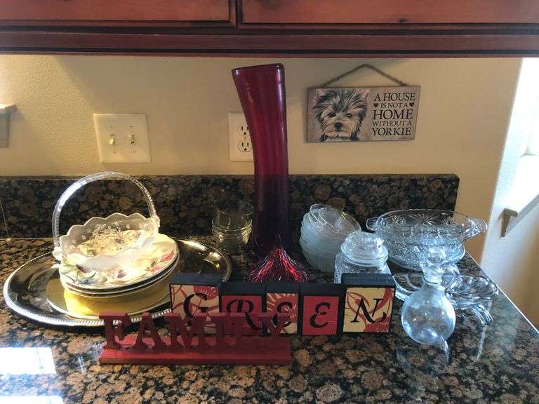 Various Glassware, Red Glass Vase, Trays, Family Sign