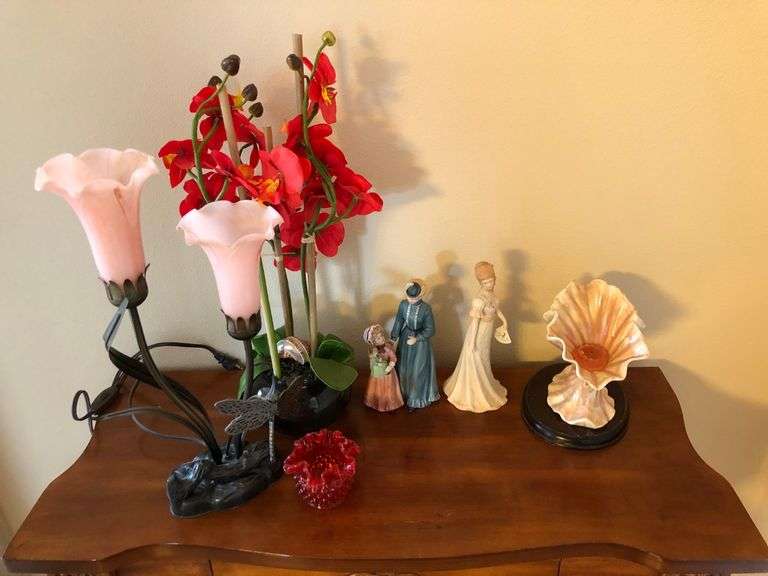 Flower Lamp, Candle Holder, Porcelain Figures by Homco, Artificial Flowers, Depression Glass