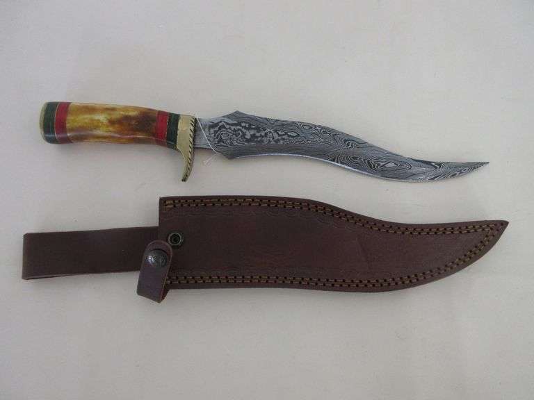 14.5" Damascus Steel Knife with Bone Handle and Sheath