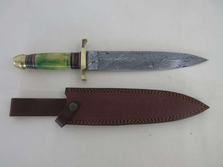 15" Damascus Steel Knife with Bone Handle and Sheath