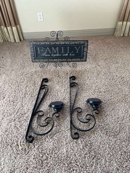 Metal Family Sign and 2) Candle Wall Sconces