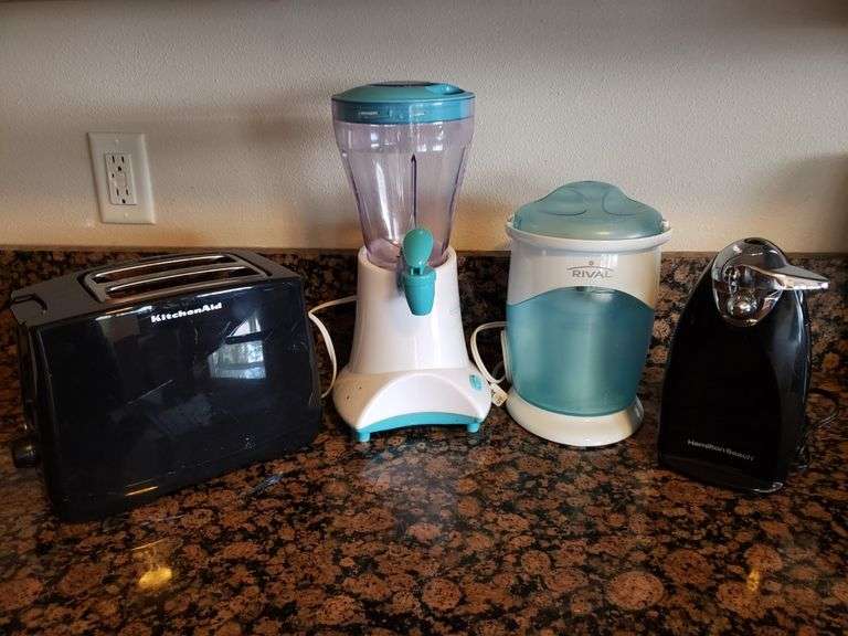 Kitchen Aid Toaster, Can Opener, Rival Juicer,