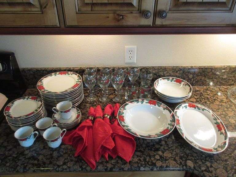 Tienshan Fine Holiday China, Plates, Bread Plates, Serving Platter, Serving Bowl, Coffee Cups, Stemware, Napkins