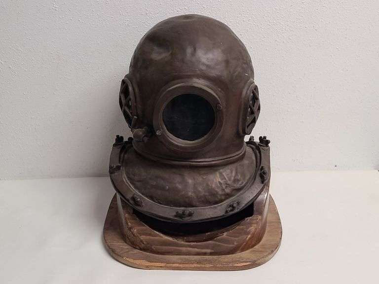 Vintage Nippon Diving Helmet with Wood Display Stand