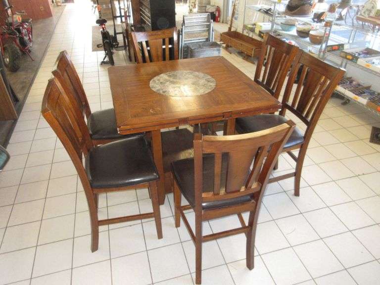 Dining Table with Drop Leafs and Center Turn Table, 5) Chairs and Storage Drawer on Bottom