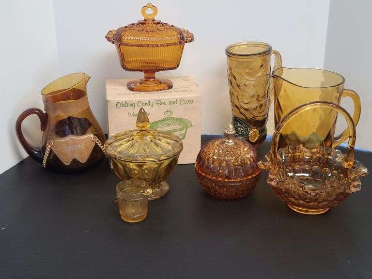Fenton Basket, Amber Glass Candy Dishes, Pitchers