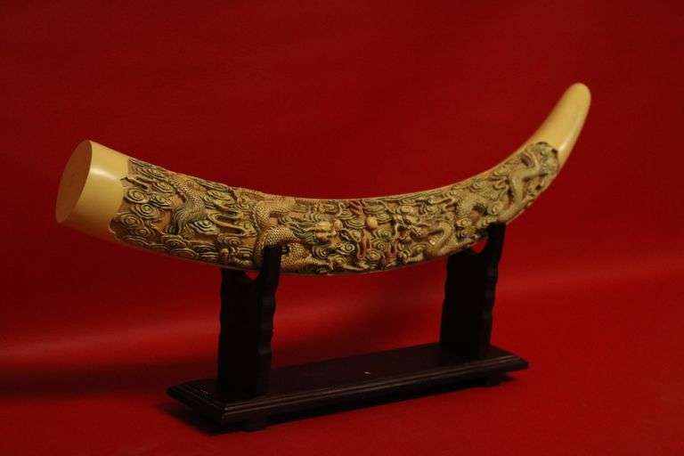 Carved Simulated Ivory Tusk with Stand
