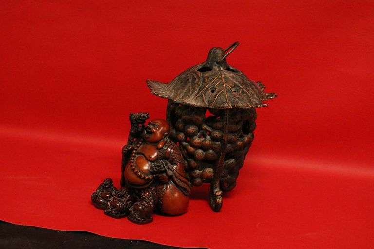 4) Buddha Figures, Cast Iron Lantern