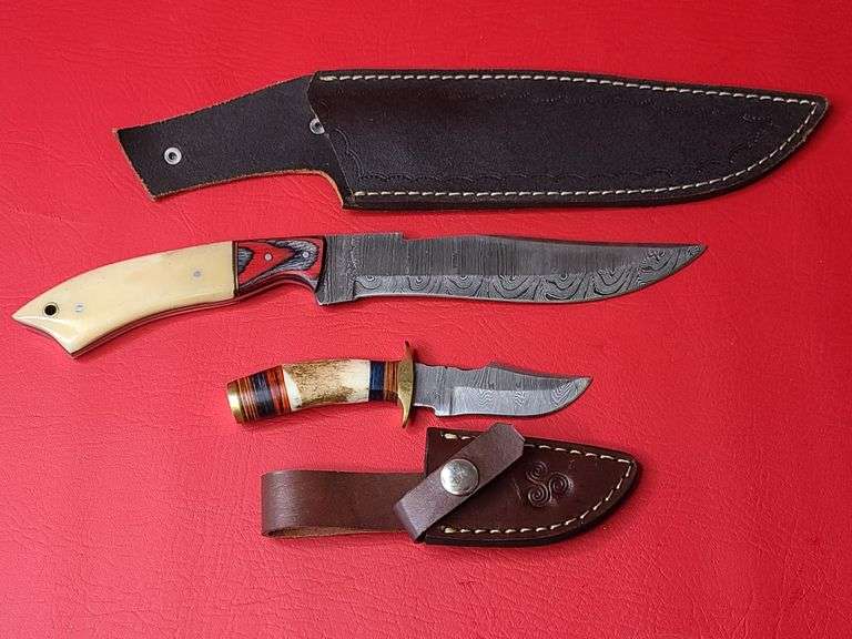 Damascus 6" Knife with Antler Horn Handle, Damascus 12" Knife Both with Leather Sheaths