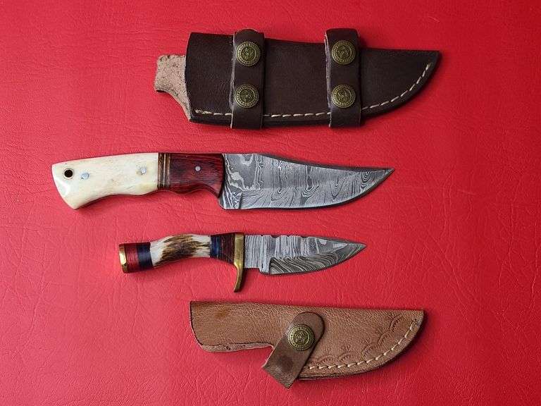 Damascus 6" Knife with Bone Handles, Damascus 8" Knife Both with Leather Sheaths
