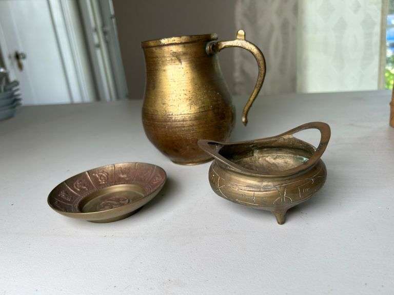 Antique Chinese Brass Censer, 19th Century Brass Jug, Brass Zodiac Dish