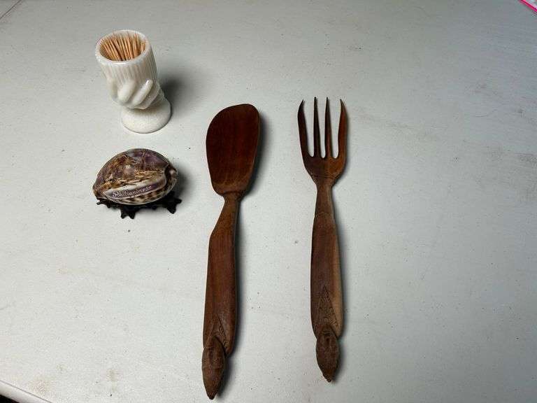 Cowrie Carved Shell, Beggar's Hand Milk Glass, Carved Utensil Set