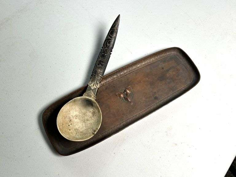 Antler Carved Ornate Spoon with Hammered Copper Dish