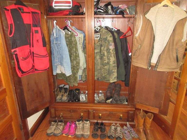 Contents of Wardrobe, Jackets, Shoes, Boots, Slippers, Bicycle Helmets and Pads, Fanny Packs