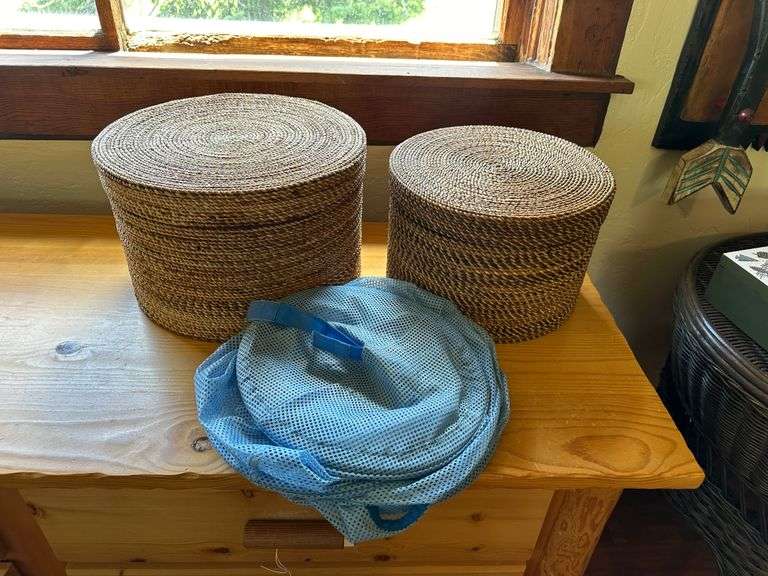 2) Wicker Baskets with Lids: Contents Curling Irons, Blow Dryer, Arts and Crafts