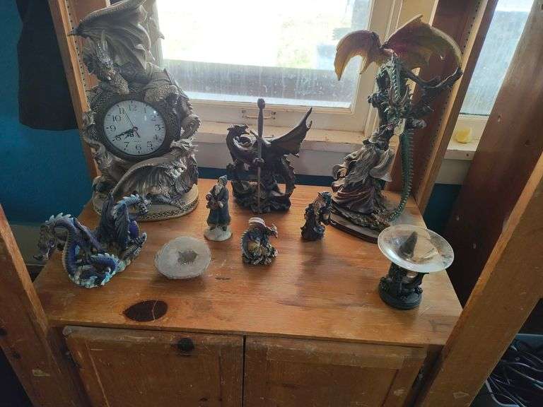 Wooden Shelf with Contents, Dragon Figurines, Geode, Wizard Figurine, Clock, Trinket Box, Skull Decorations, More