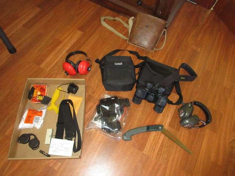 Nikon Binoculars, Ear Protection, 2) Empty Binocular Cases, Razor Tooth Saw,