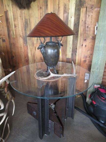 Rail Yard Custom Designed Glass Top Side Table with Railroad Ties and Carnegie Stamped Railroad Rails, Double Deer Table Lamp