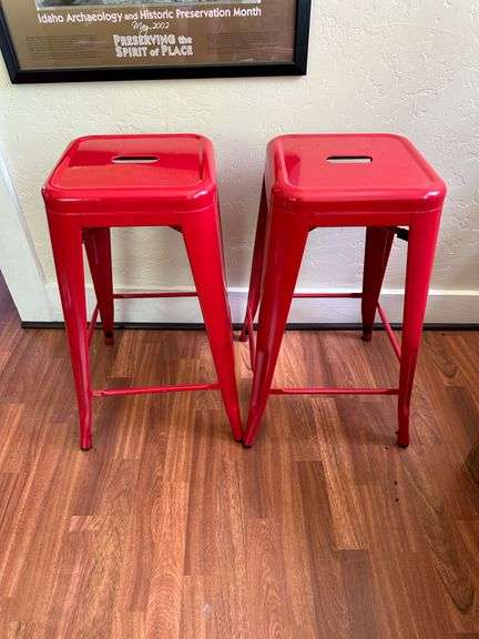 2) Red Metal Bar Stools