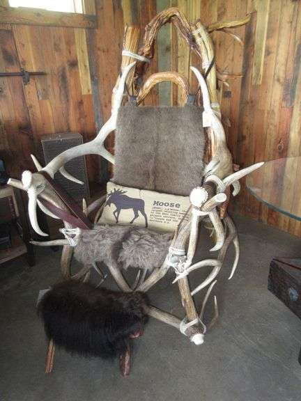 Leather Bound Antler with Fur Covered Seat and Fur Covered Foot Stool, Moose Pillow