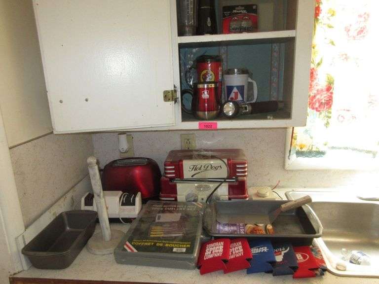 Cupboard Contents, Knife Set, Toaster, Paper Towel Holder, Bakeware, Knife Sharpener, Beer Coozies, Mugs, Locks and More
