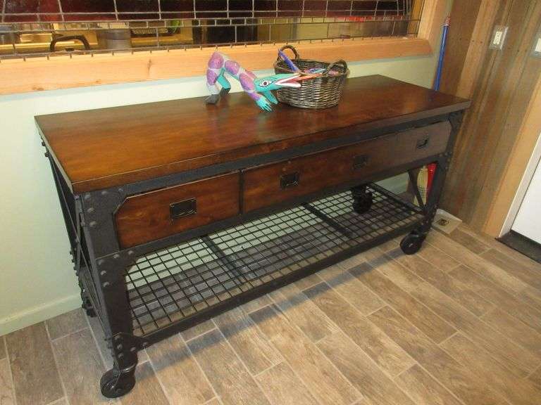 Industrial Metal and Wood Rolling Work Bench / Buffet