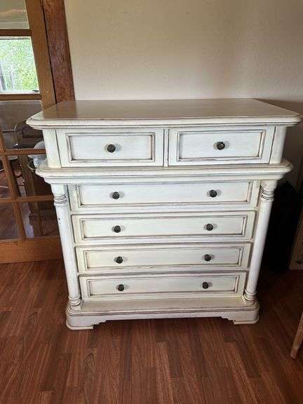 Solid Wood Six Drawer White Antiqued Dresser