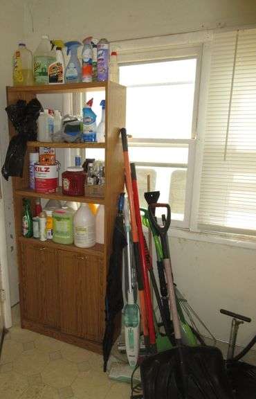 Shelf with Contents, Cleaning Supplies, Shovels, Rakes, Floor Cleaners
