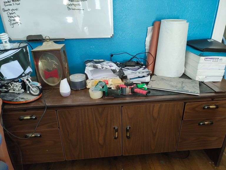 Vintage Cabinet Including Contents, Harley Davidson Table Lamp, Printer Paper, Packing Tape with Dispenser, Blank Discs, Vintage Budweiser Lantern, Box of Blank Paper, More