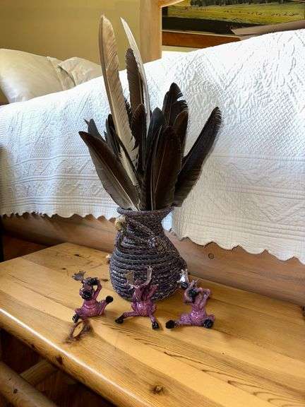 See Hear Speak No Evil Moose Decor and Beautiful Basket with Feathers