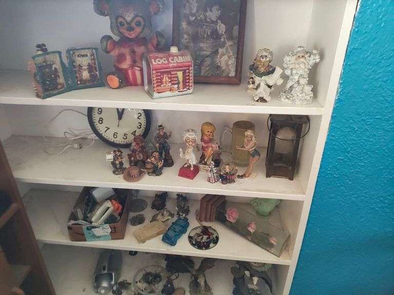 Contents of Shelf, Clocks, Vintage Ceramic Figurines, Vintage Tin, Framed Picture of Elvis, Dreamcatcher, Flashlight, More